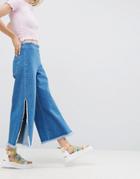 Asos Wide Leg Jeans With Side Splits And Raw Waistband - Blue