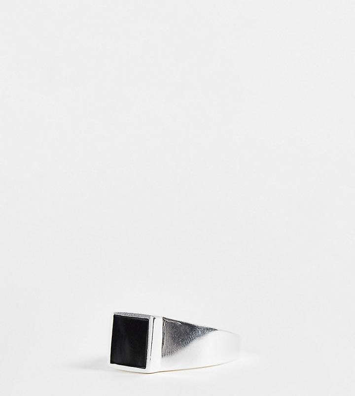Asos Design Sterling Silver Signet Ring With Black Agate Stone In Silver