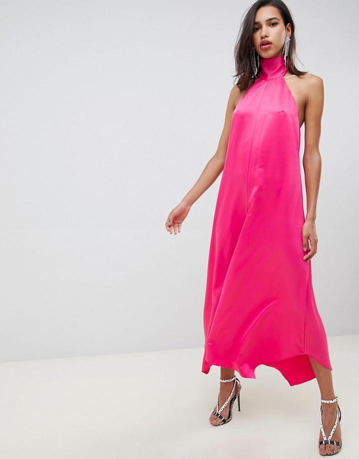 Asos Design Satin Jumpsuit With Tie Neck And Asymmetric Hems - Pink