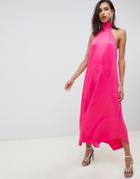 Asos Design Satin Jumpsuit With Tie Neck And Asymmetric Hems - Pink