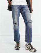 Asos Design Regular Fit Jeans In Tinted Mid Wash With Rips-blue