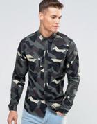 Asos Shirt With Abstract Camo Print In Green With Long Sleeves In Regular Fit - Green