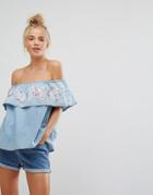 New Look Embroidered Denim Bardot Top - Blue