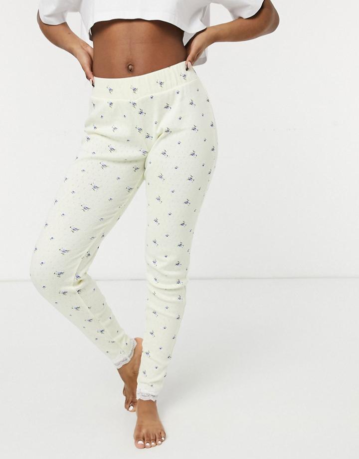 Loungeable Pointelle Lounge Leggings With Lace Trim In Ditsy Foral Print-yellow
