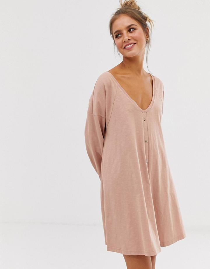 Asos Design Slub Mini Button Through Swing Dress - Pink
