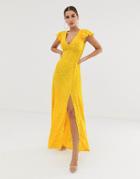Club L Button Through Short Sleeve Maxi Dress In Polka Dot Print-yellow