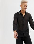 Asos Design Regular Fit Shirt With Velvet Sequin Embroidered Collar In Black - Black