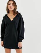 Asos Design Deep V Hoodie Sweat Dress-black