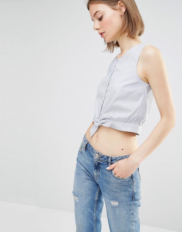 Warehouse Cropped Stripe Tie Front Top - Blue Stripe