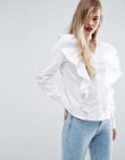 Asos Shirt With V Neck And Exagerated Ruffle Front - White