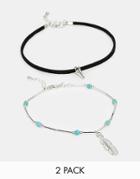 Asos Pack Of 2 Multipack Feather Spike Anklets - Multi