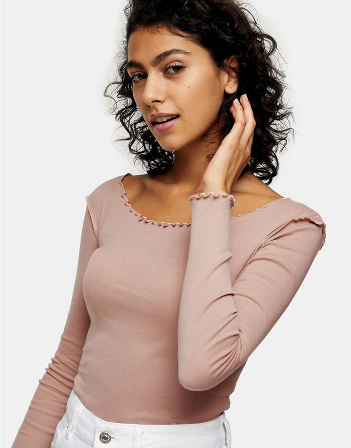 Topshop Lettuce Edge Long Sleeve Top In Taupe-brown