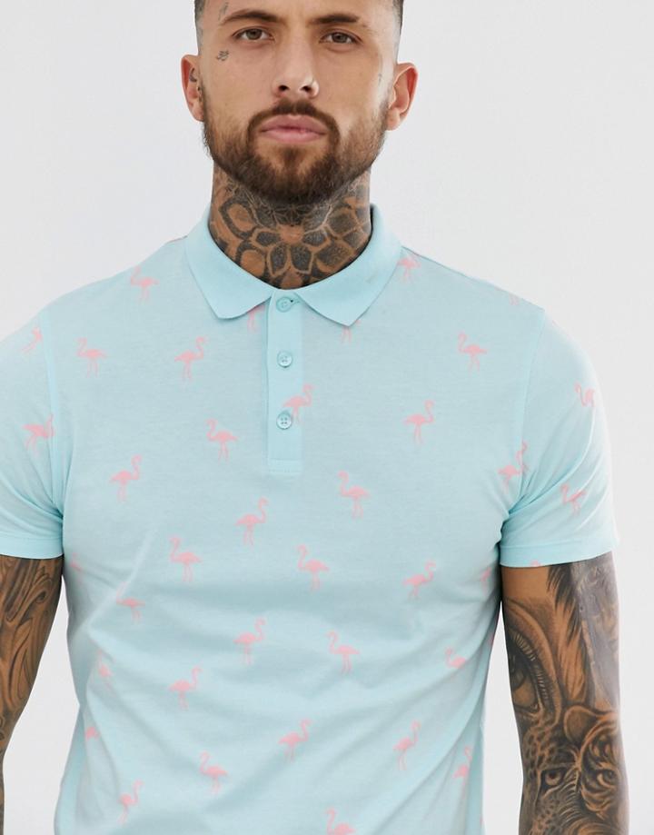 Asos Design Polo With All Over Flamingo Print - Blue
