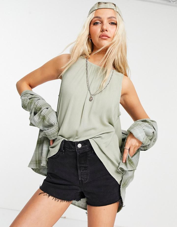 Asos Design Crinkle Smock Cami In Khaki-green