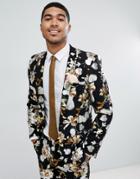 Asos Design Wedding Skinny Suit Jacket In Black Foil Floral Print - Black