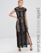 True Decadence Petite Allover Lace Crochet Maxi Dress With Thigh Split - Black