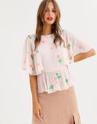 Asos Design Embellished Top With Flutter Sleeve-beige