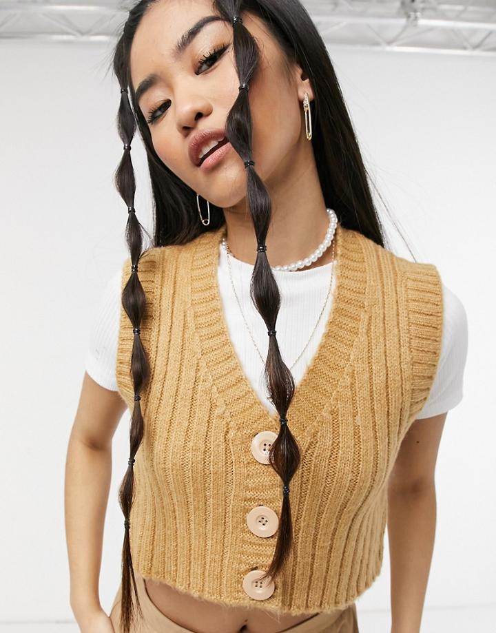 Asos Design Knitted Tank With Buttons In Camel-neutral