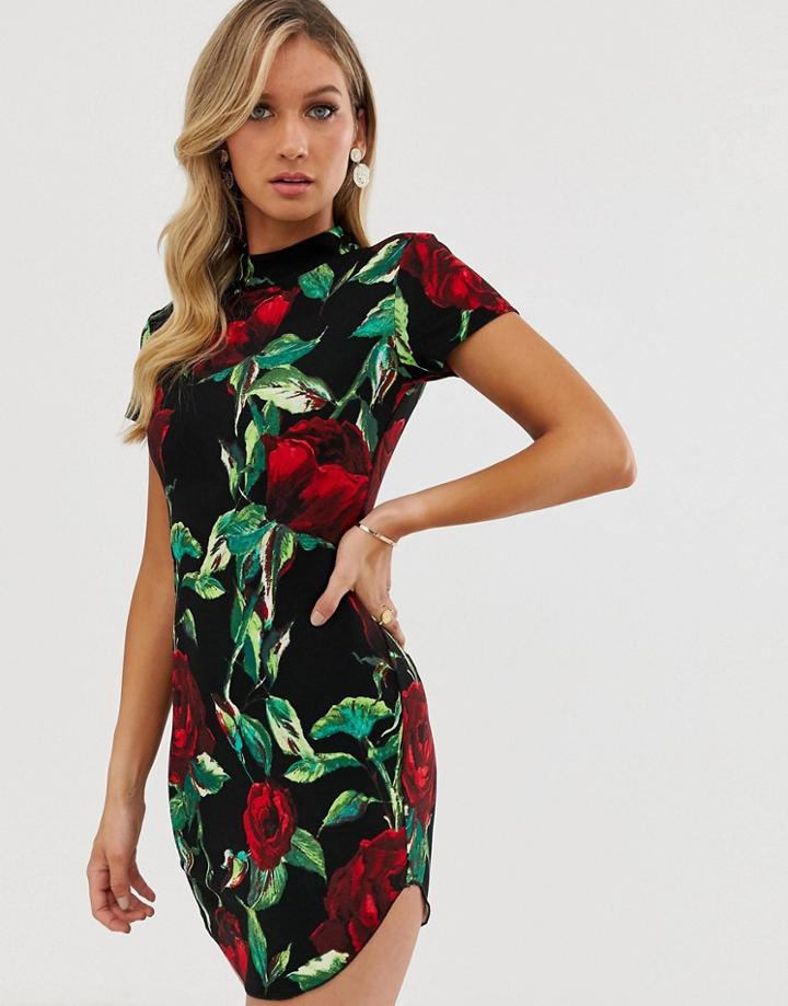 Ax Paris Curved Hem Bodycon Mini Dress-black