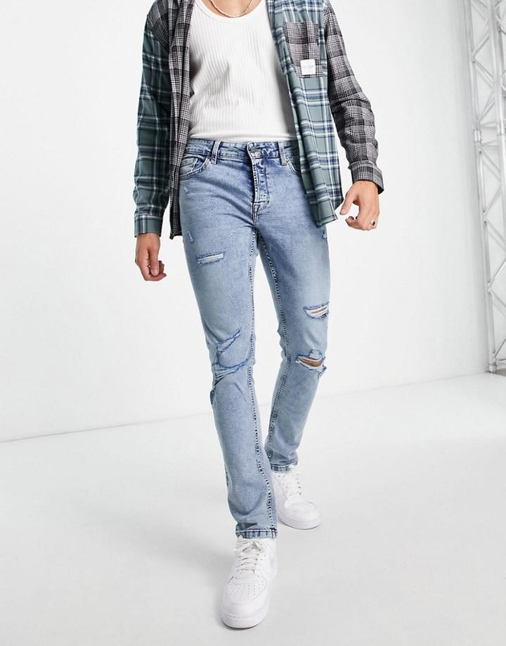 Only & Sons Slim Fit Jeans With Rips In Light Blue-blues