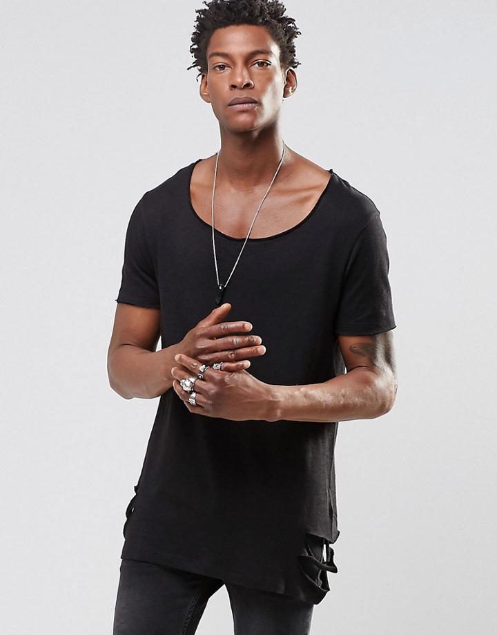 Asos T-shirt With Slashed Hem And Neck In Linen Look - Black