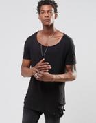 Asos T-shirt With Slashed Hem And Neck In Linen Look - Black