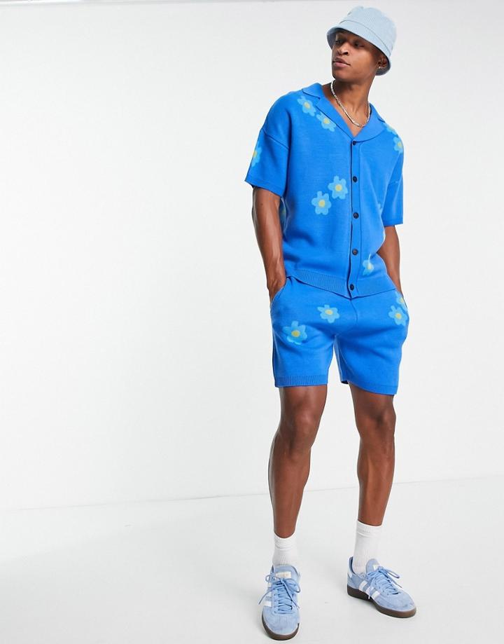 Asos Design Knit Shorts With All Over Floral Print - Part Of A Set-blue