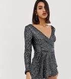 River Island Romper With Drape Front In Sequin - Silver