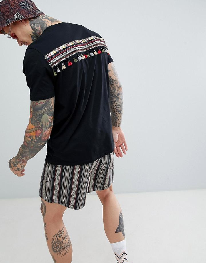 Asos Design Festival Relaxed T-shirt With Pom-pom Taping In Black - Black