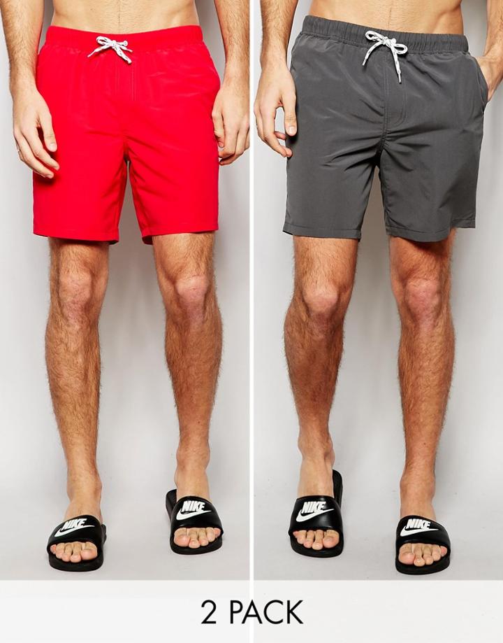 Asos Mid Length Swim Shorts 2 Pack In Red And Gray Save 17%