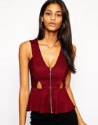 Asos Peplum Top In Bandage With V Neck And Zip - Oxblood