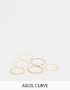 Asos Design Curve Pack Of 6 Rings In Bamboo And Engraved Design In Gold - Gold