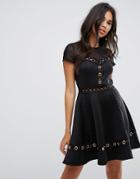 Asos Scuba & Mesh Eyelet Skater Mini Dress-black