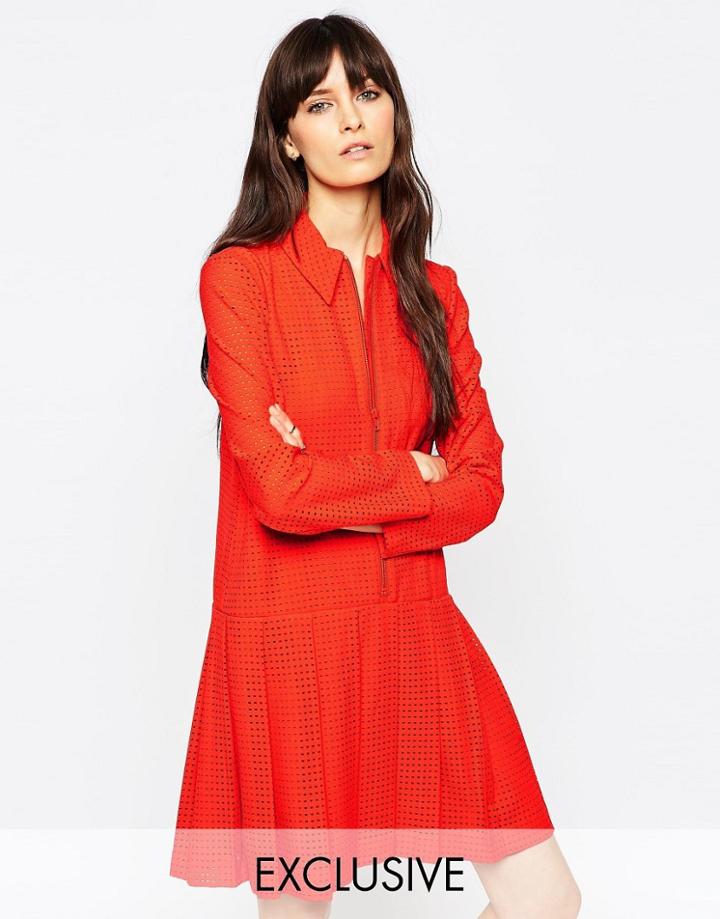 Le Kilt For Asos Zip Pleat Dress With Collar - Red