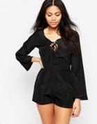 Neon Rose Romper With Lace Up Front - Black