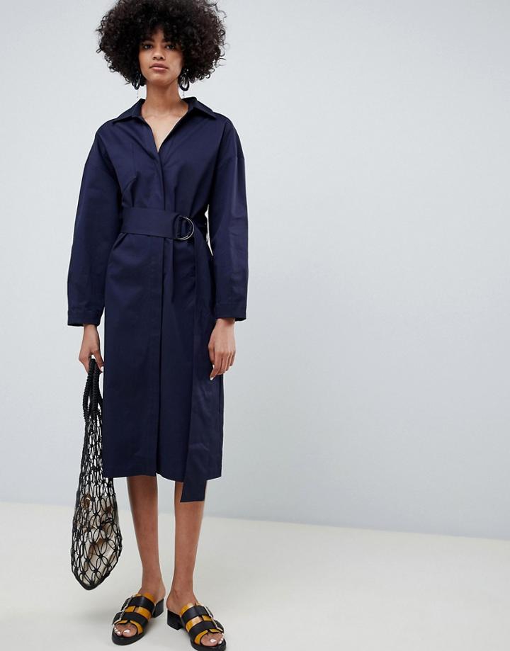 Asos White Twill Midi Dress With Waist Belt - Navy
