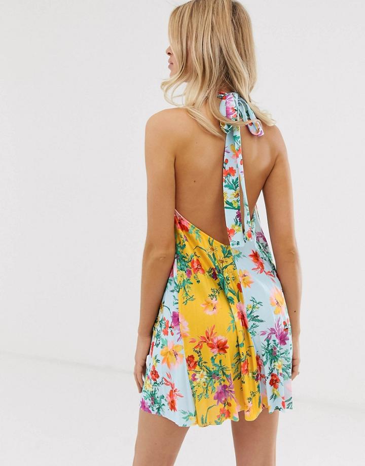 Asos Design Floral Backless Halter Pleated Mini Dress - Multi