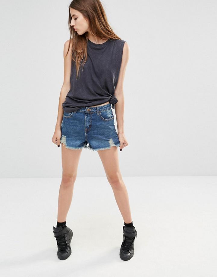 Liquor & Poker High Waist Relaxed Denim Shorts With Frayed Hem - Blue