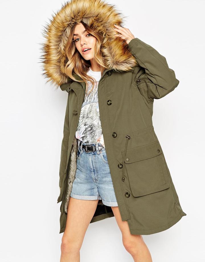 Asos Parka With Detachable Faux Fur Liner - Khaki