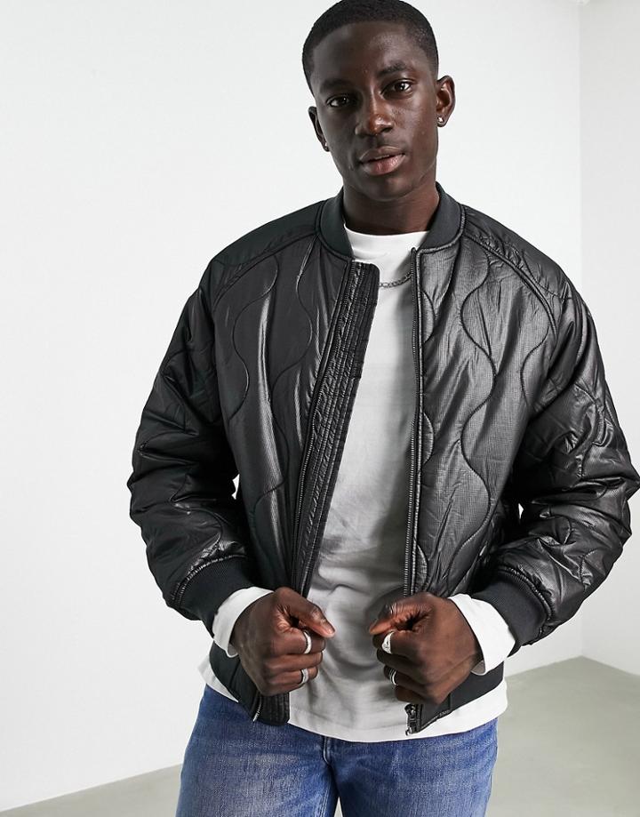 Asos Design Onion Quilted Bomber Jacket In Black