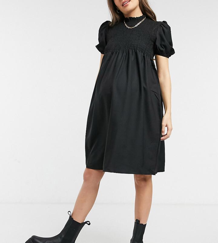 Outrageous Fortune Maternity Shirred Detail Puff Sleeve Mini Swing Dress In Black