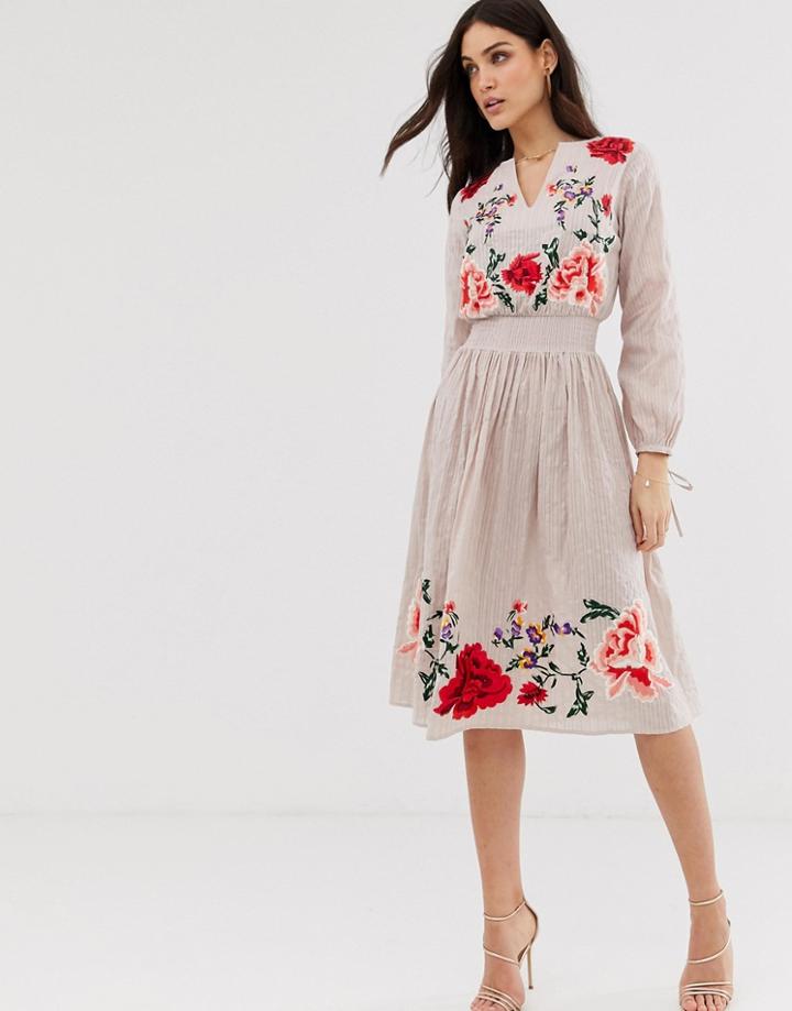 Asos Design Floral Embroidered Midi Dress-beige
