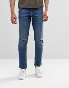 Asos Stretch Slim Jeans With Knee Rips In Mid Wash Blue - Mid Blue
