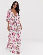 Asos Design Maxi Dress With Kimono Sleeve In Painted Floral Print-multi