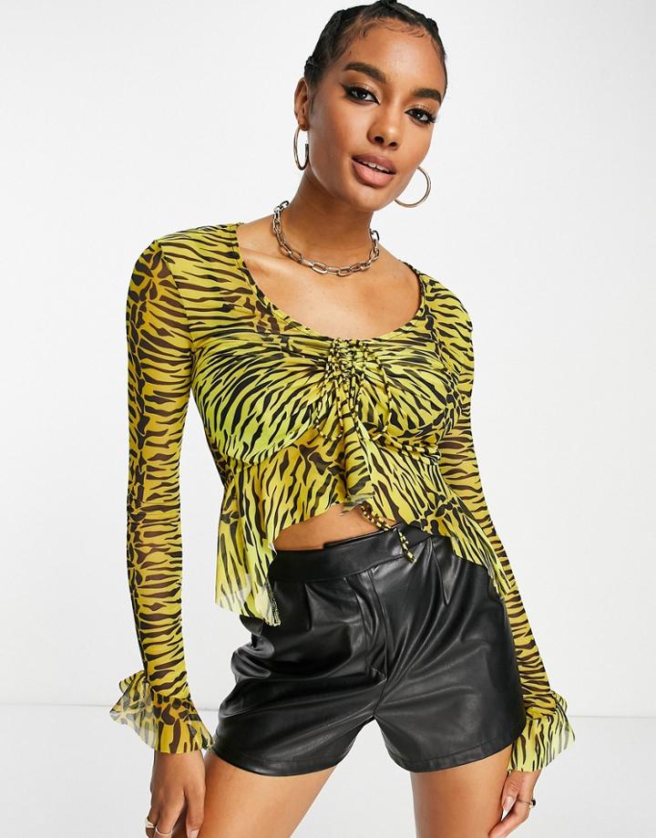 River Island Tie Front Animal Mesh Top In Yellow