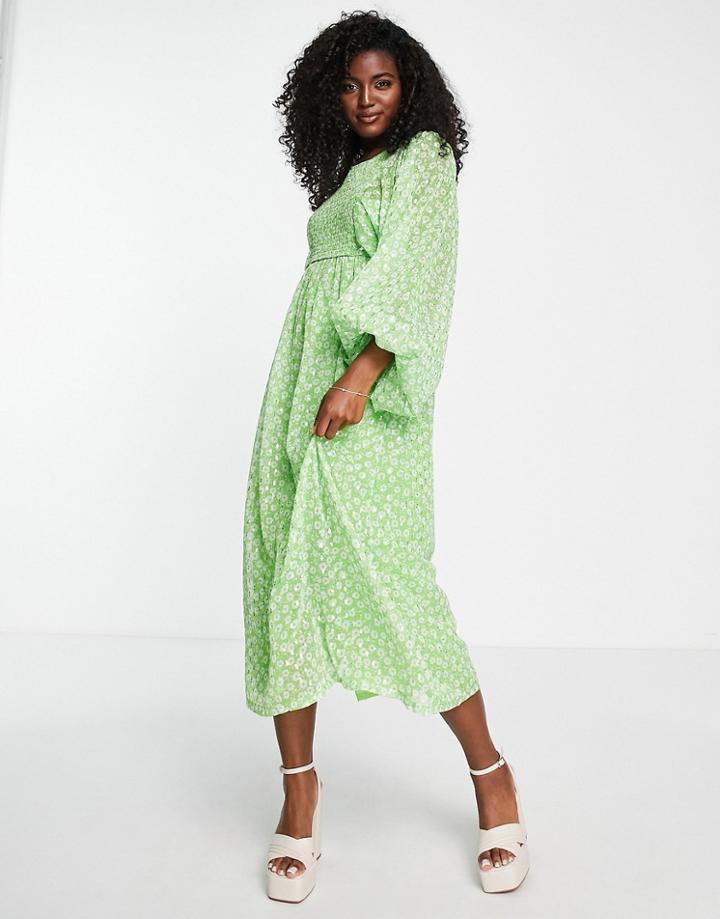Miss Selfridge Metallic Chiffon Shirred Volume Sleeve Midaxi Dress In Green Ditsy