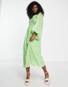 Miss Selfridge Metallic Chiffon Shirred Volume Sleeve Midaxi Dress In Green Ditsy