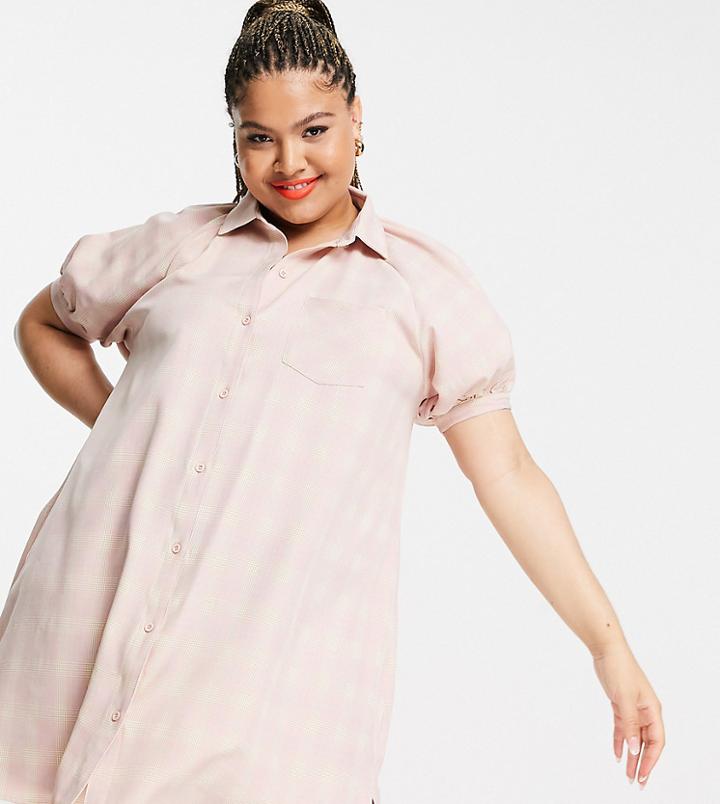 Lola May Plus Check Puff Sleeve Mini Dress-pink