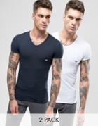 Emporio Armani 2 Pack Stretch Cotton V-neck T-shirt In Extreme Fitted