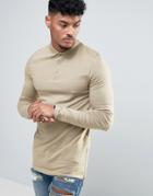 Asos Longline Muscle Long Sleeve Polo And Side Zips In Beige - Black